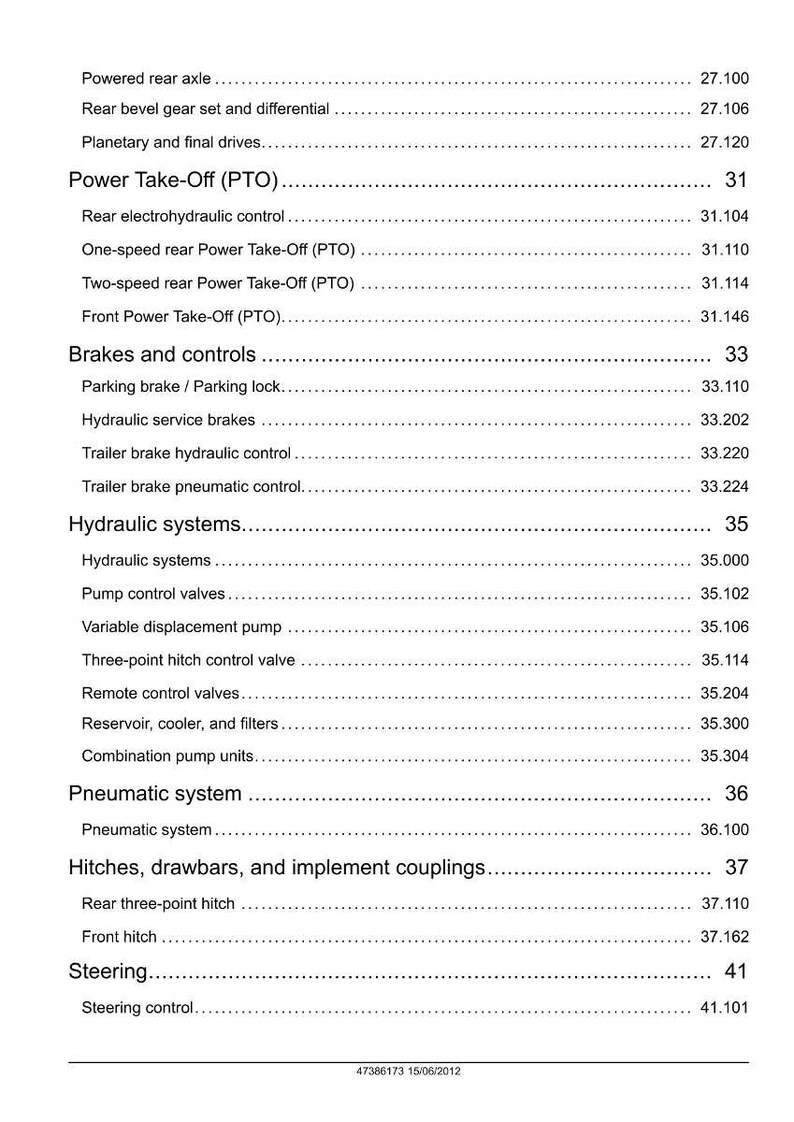 May include: A detailed table of contents from a technical manual, featuring sections on the power take-off, brakes, hydraulic systems, and steering. The text is black on a white background, with page numbers.