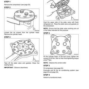 May include: Diagram of a cylinder head disassembly and assembly process. The image includes step-by-step instructions with illustrations, including removing the compressor, loosening screws, and fitting the cylinder head. Text includes "IMPORTANT" and "NOTE" instructions.