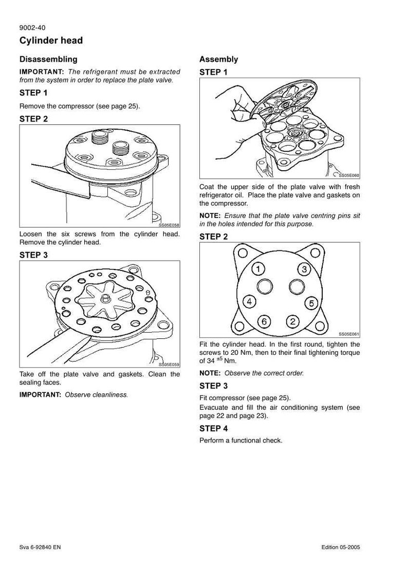 May include: Diagram of a cylinder head disassembly and assembly process. The image includes step-by-step instructions with illustrations, including removing the compressor, loosening screws, and fitting the cylinder head. Text includes "IMPORTANT" and "NOTE" instructions.