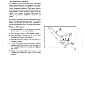 Puede incluir: Una p&aacute;gina de manual t&eacute;cnico titulada SECTION 2 - OPERATION, que detalla los ajustes de posici&oacute;n de palanca &uacute;nica para un sistema de varillaje hidr&aacute;ulico. Incluye un procedimiento de ajuste numerado y un diagrama de dibujo lineal en blanco y negro etiquetado como 50.