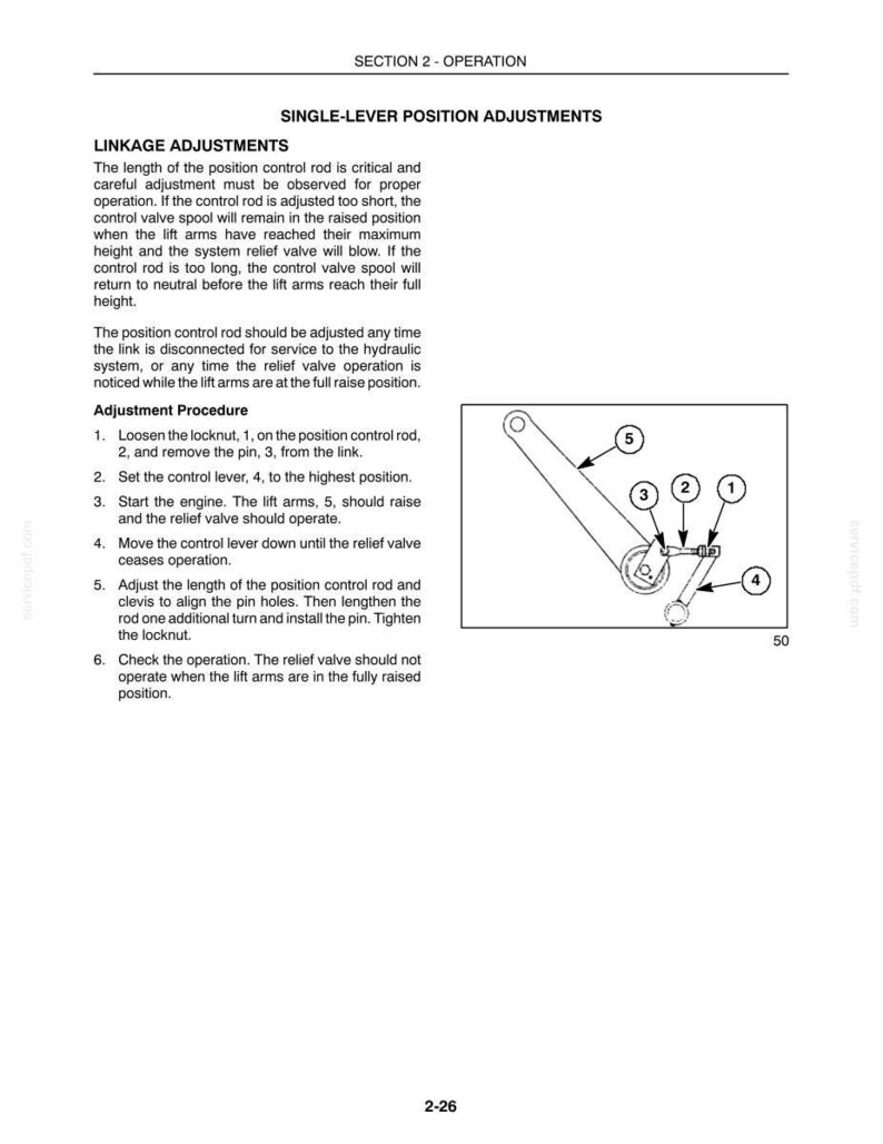 Puede incluir: Una p&aacute;gina de manual t&eacute;cnico titulada SECTION 2 - OPERATION, que detalla los ajustes de posici&oacute;n de palanca &uacute;nica para un sistema de varillaje hidr&aacute;ulico. Incluye un procedimiento de ajuste numerado y un diagrama de dibujo lineal en blanco y negro etiquetado como 50.