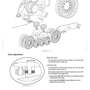 May include: Technical diagram of tracks and track suspension, featuring detailed illustrations of track components, including wheels, bolts, and adjustment mechanisms. The diagram includes text instructions for track adjustment and the application of Loctite.