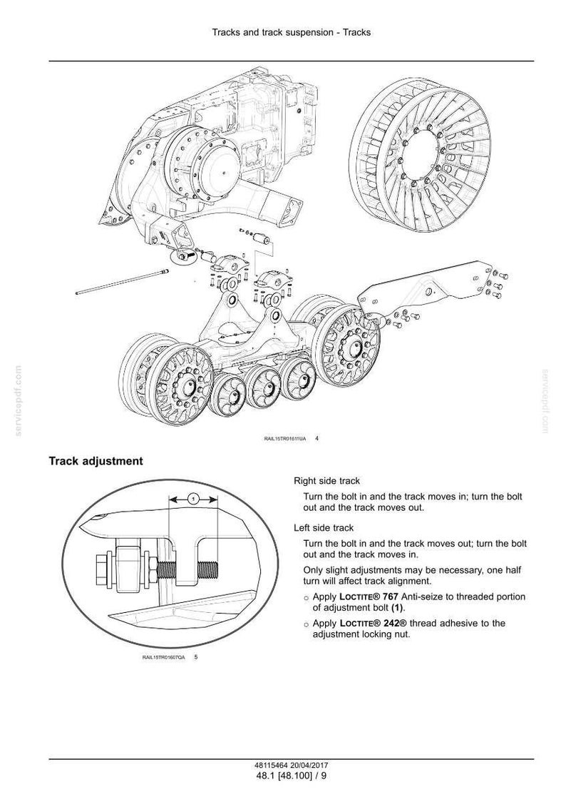 May include: Technical diagram of tracks and track suspension, featuring detailed illustrations of track components, including wheels, bolts, and adjustment mechanisms. The diagram includes text instructions for track adjustment and the application of Loctite.