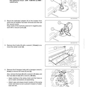 Puede incluir: Diagrama del proceso de extracci&oacute;n de un sistema hidr&aacute;ulico oscilante. Las instrucciones detallan la extracci&oacute;n de pernos, adaptadores y mangueras con tama&ntilde;os de llave espec&iacute;ficos en mm. Incluye diagramas con componentes numerados.