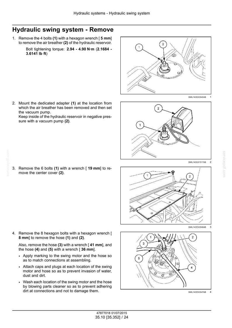 Puede incluir: Diagrama del proceso de extracci&oacute;n de un sistema hidr&aacute;ulico oscilante. Las instrucciones detallan la extracci&oacute;n de pernos, adaptadores y mangueras con tama&ntilde;os de llave espec&iacute;ficos en mm. Incluye diagramas con componentes numerados.