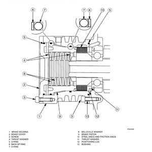 K&ouml;nnte beinhalten: Eine Querschnittszeichnung einer Feststellbremse, beschriftet mit Nummern und Namen f&uuml;r jede Komponente. Das Diagramm umfasst Bremssattel, Schrauben, Unterlegscheiben, O-Ringe und andere Teile. Der Text oben lautet "PARKBREMSE".
