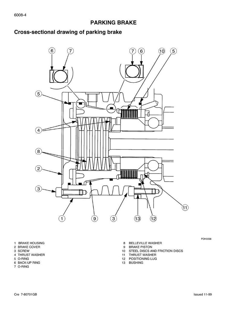 K&ouml;nnte beinhalten: Eine Querschnittszeichnung einer Feststellbremse, beschriftet mit Nummern und Namen f&uuml;r jede Komponente. Das Diagramm umfasst Bremssattel, Schrauben, Unterlegscheiben, O-Ringe und andere Teile. Der Text oben lautet "PARKBREMSE".