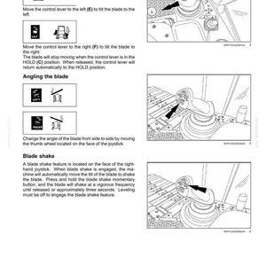 May include: A technical manual page titled 3-CONTROLS AND INSTRUMENTS featuring black and white diagrams of a joystick control system. The text explains tilt, blade angling, and blade shake functions with arrows pointing to specific control components.