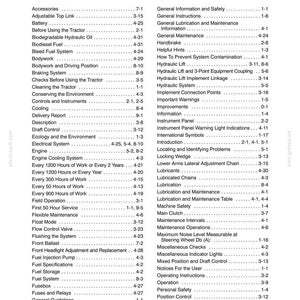 May include: A black and white printed index page from a tractor manual, featuring a comprehensive list of technical topics ranging from accessories and battery maintenance to hydraulic systems and safety guidelines, all organized with page references.