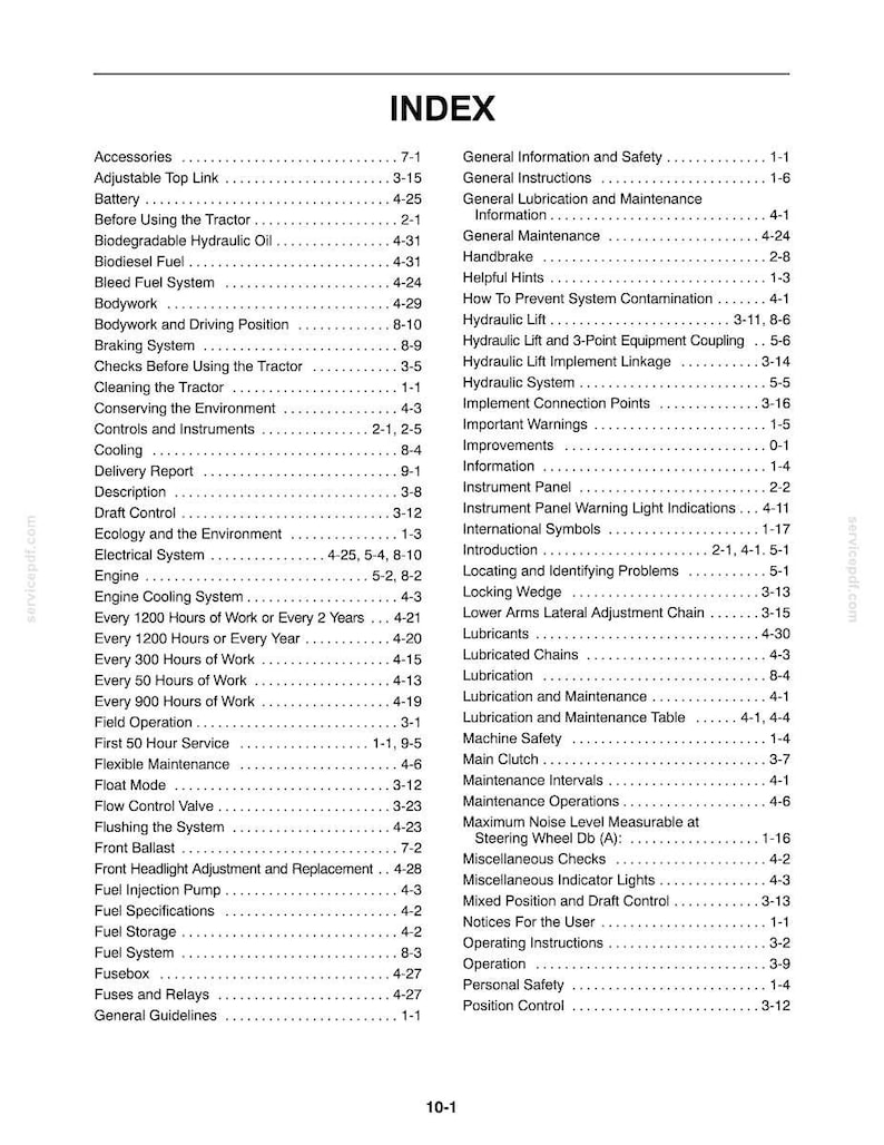 May include: A black and white printed index page from a tractor manual, featuring a comprehensive list of technical topics ranging from accessories and battery maintenance to hydraulic systems and safety guidelines, all organized with page references.