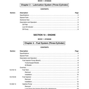 May include: A page from a manual titled "SECTION 10 - ENGINE" with chapters on lubrication and fuel systems for a three-cylinder engine. The table of contents lists sections like "Specifications," "Fuel Tank," and "Injection Pump."