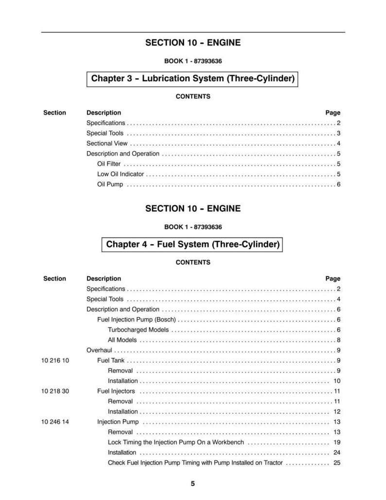 May include: A page from a manual titled "SECTION 10 - ENGINE" with chapters on lubrication and fuel systems for a three-cylinder engine. The table of contents lists sections like "Specifications," "Fuel Tank," and "Injection Pump."