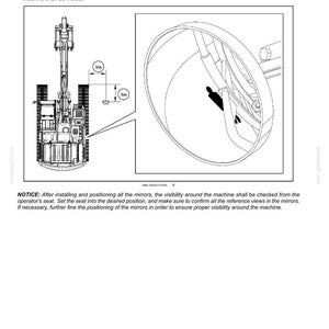 May include: Diagram of a machine with a detailed view of the mirror placement, including measurements of 1 meter (39.4 in). The image provides instructions for visibility checks after installation.