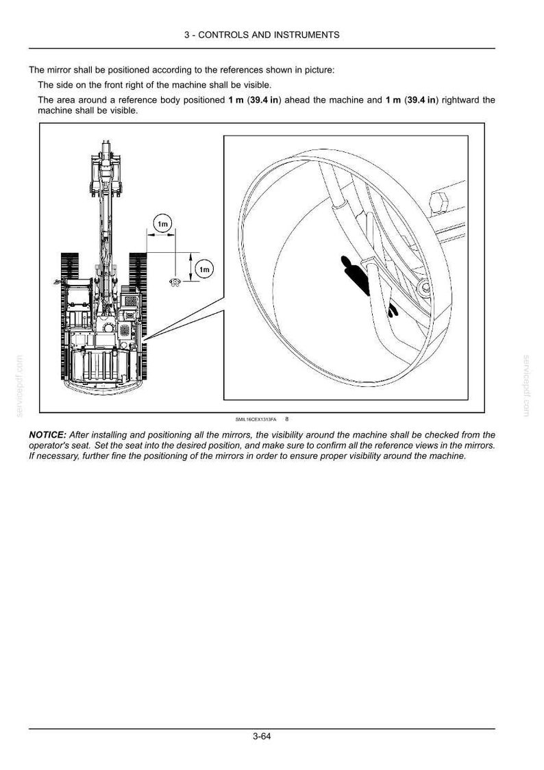 May include: Diagram of a machine with a detailed view of the mirror placement, including measurements of 1 meter (39.4 in). The image provides instructions for visibility checks after installation.