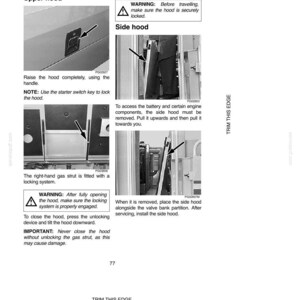 May include: A page from a manual detailing engine hood components. The text includes warnings about locking mechanisms and instructions for removing and installing the side hood. Diagrams with arrows point to specific parts.