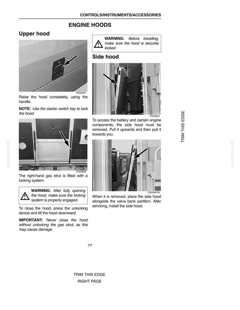 May include: A page from a manual detailing engine hood components. The text includes warnings about locking mechanisms and instructions for removing and installing the side hood. Diagrams with arrows point to specific parts.