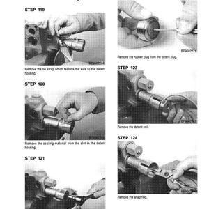 May include: A black and white technical diagram showing the disassembly of a bucket section. The diagram includes steps 119 through 124, with close-up images of the process and text descriptions.