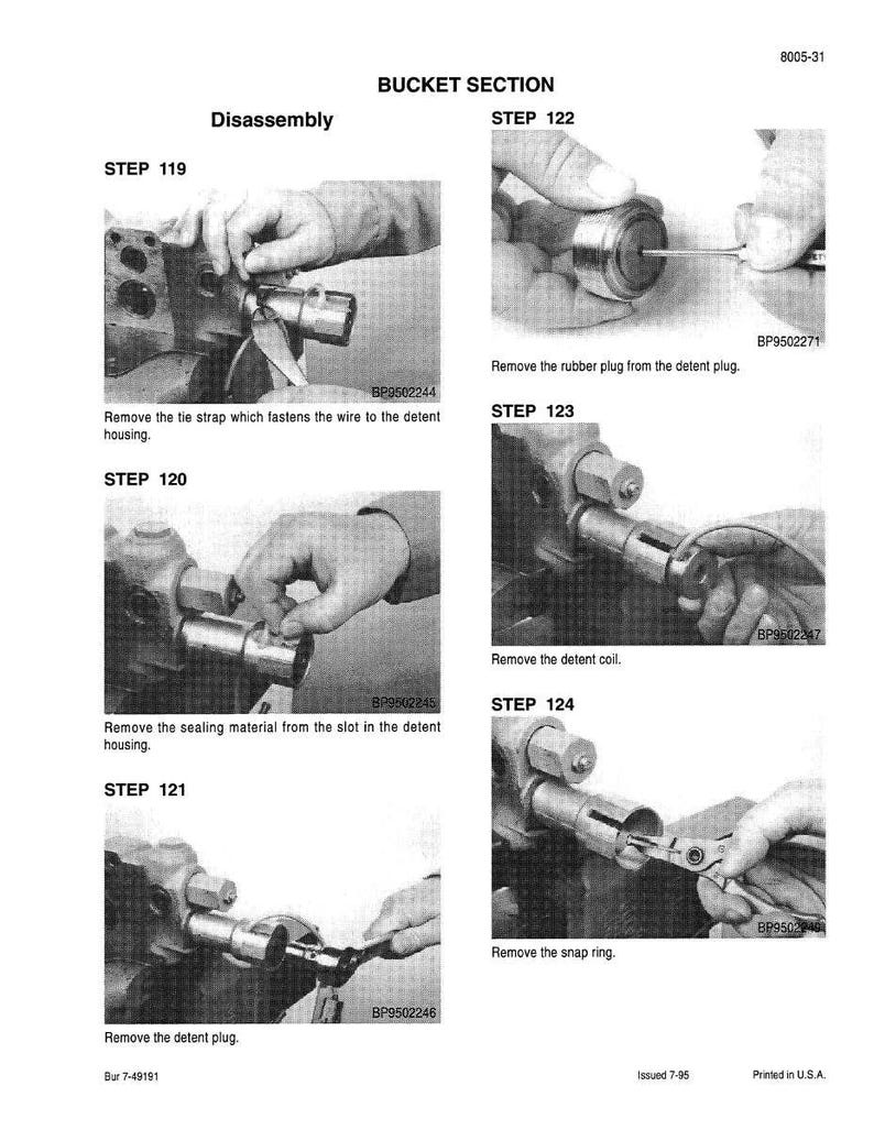 May include: A black and white technical diagram showing the disassembly of a bucket section. The diagram includes steps 119 through 124, with close-up images of the process and text descriptions.