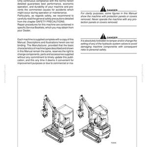 Op de afbeelding: Een pagina uit een handleiding met de titel "SPECIFICATIES" en de kop "VOORWOORD". De pagina bevat tekst over veiligheidsvoorschriften en machinebediening, samen met twee lijntekeningen van een kleine graafmachine.