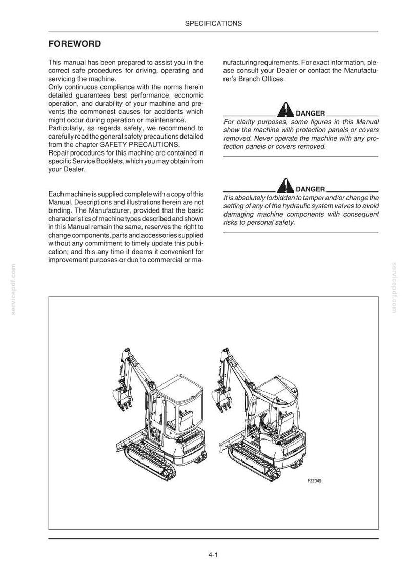 Op de afbeelding: Een pagina uit een handleiding met de titel "SPECIFICATIES" en de kop "VOORWOORD". De pagina bevat tekst over veiligheidsvoorschriften en machinebediening, samen met twee lijntekeningen van een kleine graafmachine.