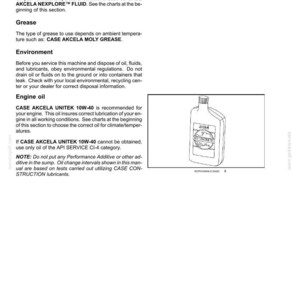 May include: A page from a manual detailing maintenance instructions. The text describes transmission component oil, grease, and engine oil, including specific product recommendations like CASE AKCELA UNITEK 10W-40. An illustration of an oil bottle is on the right.