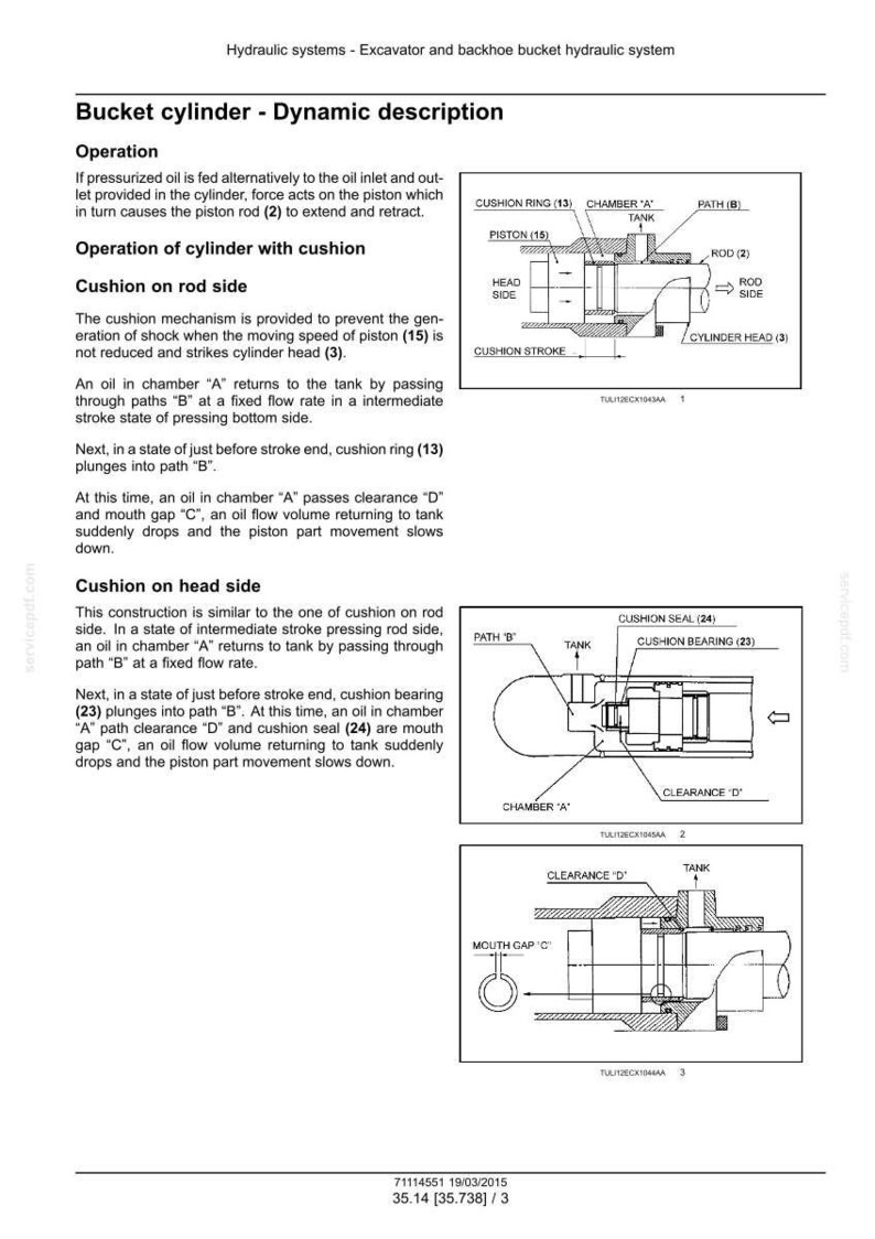 May include: Diagram of a bucket cylinder with dynamic description, detailing the operation of the cylinder with cushion on rod and head sides. Includes labels for piston, chamber, and other components.
