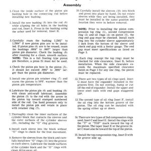 May include: A technical diagram from a manual detailing the assembly of pistons, rings, sleeves, and connecting rods. The text includes instructions for installation and maintenance, with measurements in inches and degrees Fahrenheit.