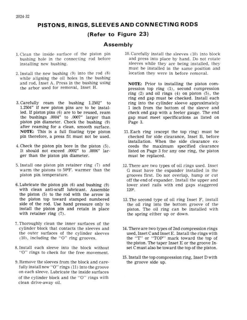 May include: A technical diagram from a manual detailing the assembly of pistons, rings, sleeves, and connecting rods. The text includes instructions for installation and maintenance, with measurements in inches and degrees Fahrenheit.