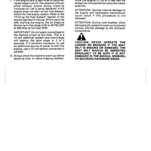 May include: A technical document page titled General Information containing instructions for engine starting, fuel system priming, and hydraulic system maintenance. It includes warnings about overvoltage, cold weather operation, and seat belt safety.