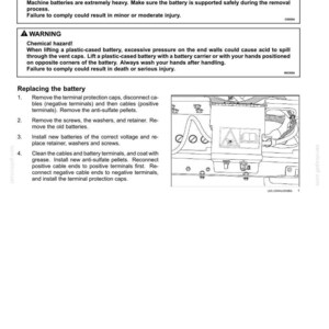 May include: A page from a maintenance manual detailing battery removal and installation. The text includes safety warnings about heavy parts and chemical hazards. The image shows a diagram of the battery and related components.