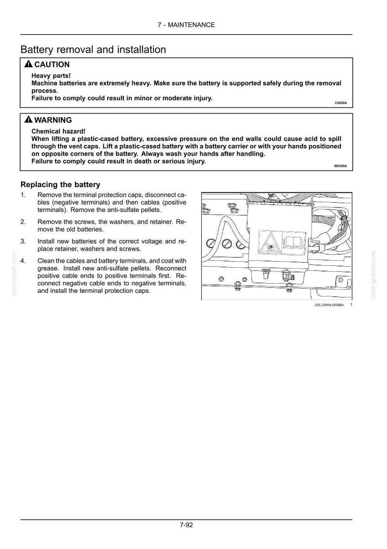 May include: A page from a maintenance manual detailing battery removal and installation. The text includes safety warnings about heavy parts and chemical hazards. The image shows a diagram of the battery and related components.