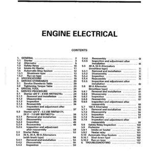 May include: A black and white technical document page titled ENGINE ELECTRICAL, numbered 16-1, featuring a detailed table of contents for engine electrical systems, including sections on starters, alternators, safety relays, and troubleshooting procedures.