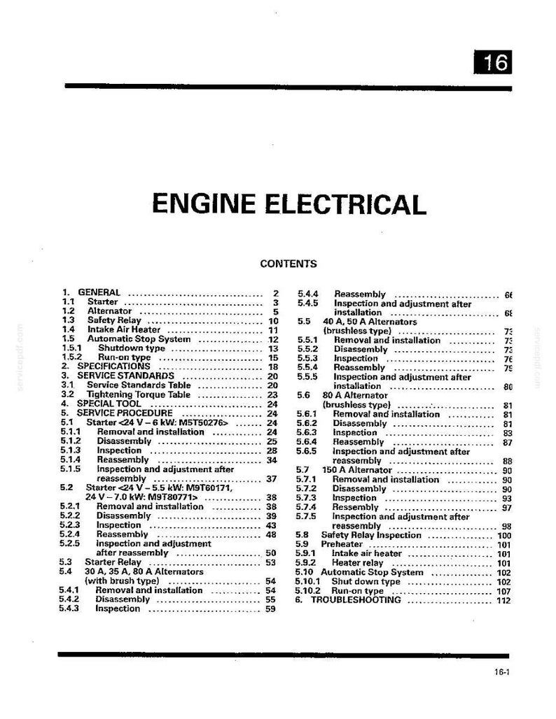 May include: A black and white technical document page titled ENGINE ELECTRICAL, numbered 16-1, featuring a detailed table of contents for engine electrical systems, including sections on starters, alternators, safety relays, and troubleshooting procedures.