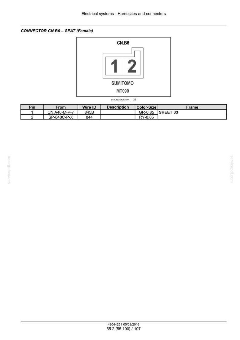 May include: Diagram of an electrical connector, labeled CN.B6, with the text "CONNECTOR CN.B6 - SEAT (Female)". The diagram includes a numbered schematic and a table detailing pin connections, wire IDs, and color-size specifications.