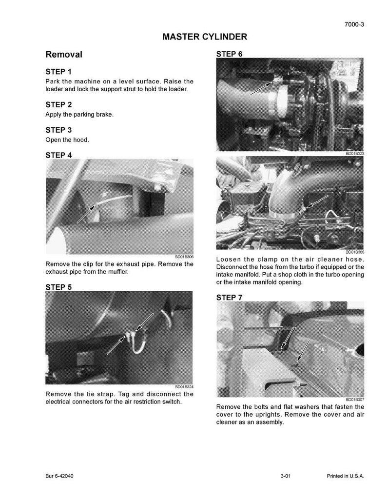 Puede incluir: Un diagrama en blanco y negro que detalla la extracci&oacute;n de un cilindro maestro. Los pasos incluyen la extracci&oacute;n de clips, mangueras y conectores el&eacute;ctricos. Las instrucciones de texto acompa&ntilde;an cada paso, con im&aacute;genes de primer plano de los componentes.