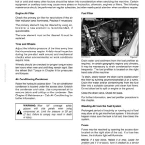 Puede incluir: Una p&aacute;gina de un manual de mantenimiento que detalla los procedimientos de mantenimiento programado para una m&aacute;quina. Las secciones cubren filtros de aire del motor, filtros de combustible, neum&aacute;ticos, ruedas y condensadores de aire acondicionado. Incluye una advertencia sobre el uso de gafas de seguridad.