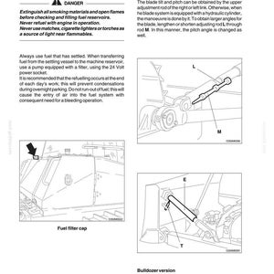 Puede incluir: P&aacute;gina de un manual con diagramas y texto sobre el dep&oacute;sito de combustible y el ajuste de la cuchilla. Incluye advertencias de seguridad sobre materiales inflamables y procedimientos de repostaje. Los diagramas muestran la tapa del filtro de combustible y los componentes de ajuste de la cuchilla.