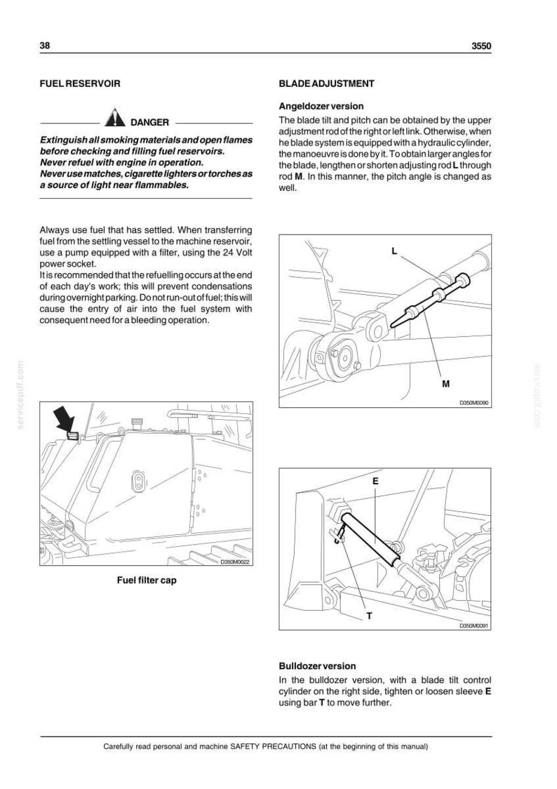 Puede incluir: P&aacute;gina de un manual con diagramas y texto sobre el dep&oacute;sito de combustible y el ajuste de la cuchilla. Incluye advertencias de seguridad sobre materiales inflamables y procedimientos de repostaje. Los diagramas muestran la tapa del filtro de combustible y los componentes de ajuste de la cuchilla.