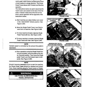 Op de afbeelding: Een pagina uit een technisch handboek getiteld Section III- BASIC MACHINE OPERATION, met details over de Single Pedal Travel voor SK300 en SK300LC machines. Het bevat vier zwart-wit diagrammen gelabeld Figuur 3.29A tot en met 3.29D met pedaalposities.