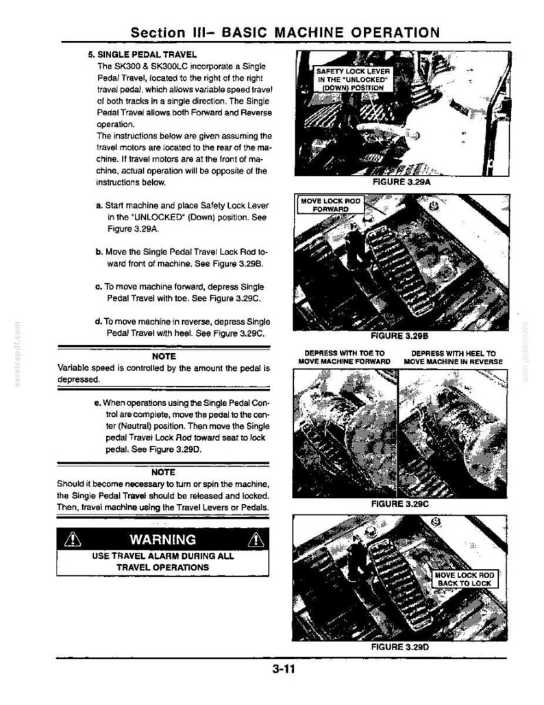 Op de afbeelding: Een pagina uit een technisch handboek getiteld Section III- BASIC MACHINE OPERATION, met details over de Single Pedal Travel voor SK300 en SK300LC machines. Het bevat vier zwart-wit diagrammen gelabeld Figuur 3.29A tot en met 3.29D met pedaalposities.