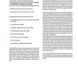 May include: A technical document page titled D350 Power Steering, Brakes and Steering Differential, section 4.1.3 Hydraulic Steering System. It details hydraulic circuits, components like piston pumps, motors, and control valves, with pressure specs.
