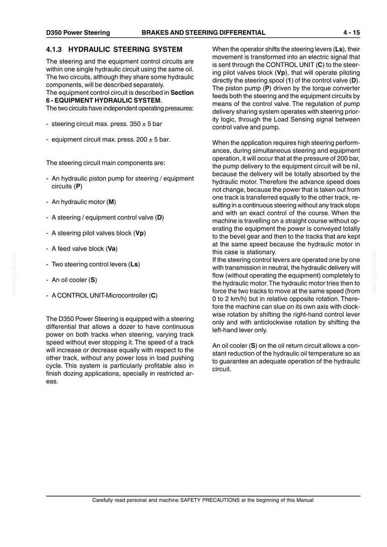 May include: A technical document page titled D350 Power Steering, Brakes and Steering Differential, section 4.1.3 Hydraulic Steering System. It details hydraulic circuits, components like piston pumps, motors, and control valves, with pressure specs.