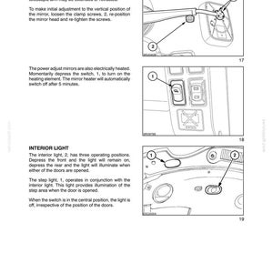 Może przedstawiać: Strona z instrukcji technicznej zatytułowana SECTION 2 - CONTROLS, INSTRUMENTS, AND OPERATION. Zawiera czarno-białe rysunki liniowe przedstawiające regulację lusterka pojazdu, przełącznik lusterek oraz elementy sterowania oświetleniem wnętrza.