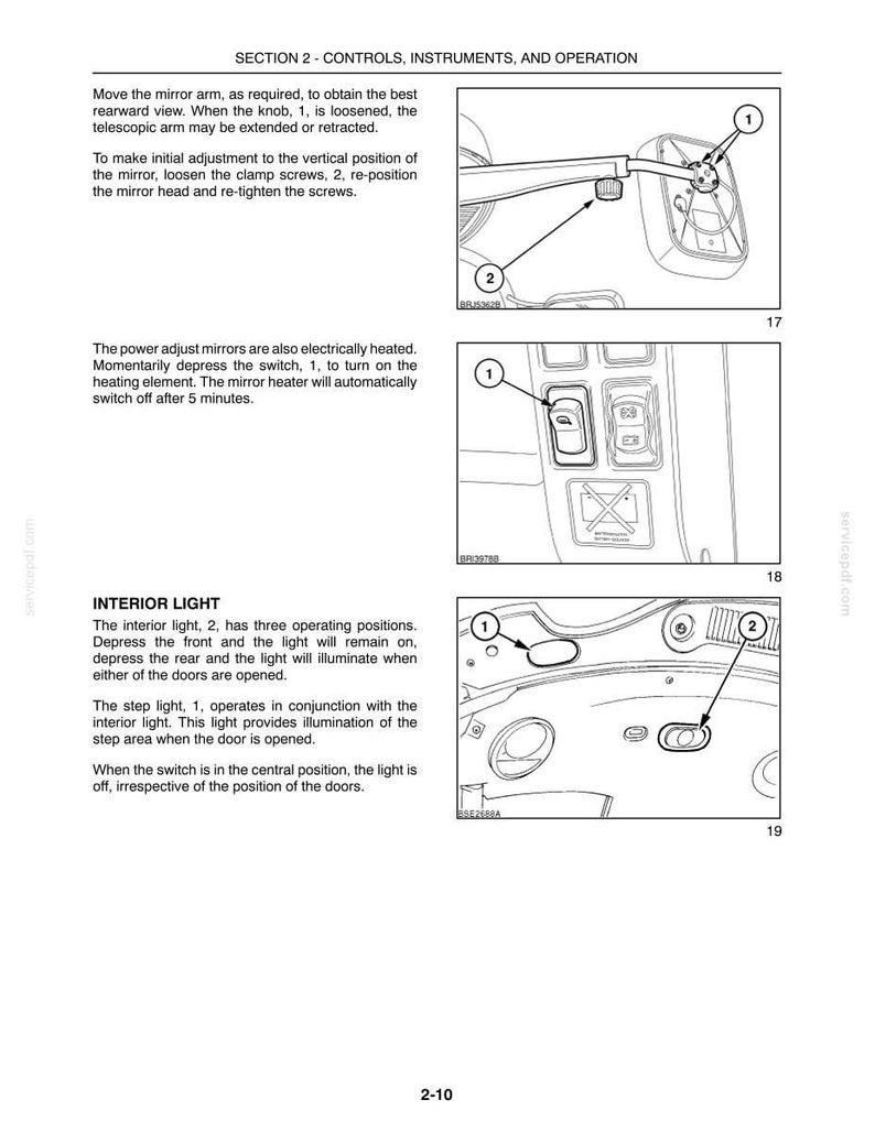 Może przedstawiać: Strona z instrukcji technicznej zatytułowana SECTION 2 - CONTROLS, INSTRUMENTS, AND OPERATION. Zawiera czarno-białe rysunki liniowe przedstawiające regulację lusterka pojazdu, przełącznik lusterek oraz elementy sterowania oświetleniem wnętrza.