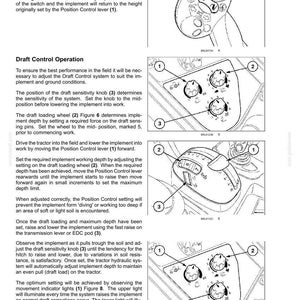 May include: A technical manual page titled 6-WORKING OPERATIONS featuring black and white line drawings of tractor control panels, including a transmission lever, draft sensitivity knobs, and a position control lever, all labeled with numbered indicators.