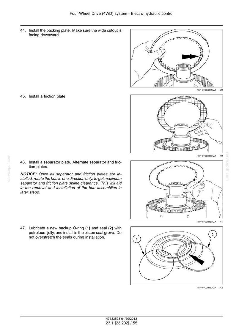 May include: Diagram of a four-wheel drive system assembly process. The image shows step-by-step instructions with illustrations for installing plates, seals, and O-rings. Text instructions are included, guiding the user through the process.