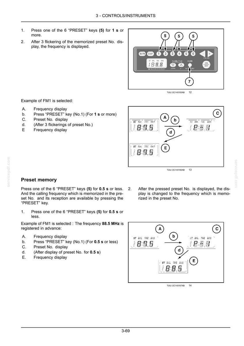Pode incluir: Uma p&aacute;gina de manual t&eacute;cnico intitulada 3-CONTROLS/INSTRUMENTS detalhando as fun&ccedil;&otilde;es de mem&oacute;ria de predefini&ccedil;&otilde;es de r&aacute;dio. Apresenta diagramas de um painel de controle com bot&otilde;es numerados, displays de frequ&ecirc;ncia digital e instru&ccedil;&otilde;es passo a passo.