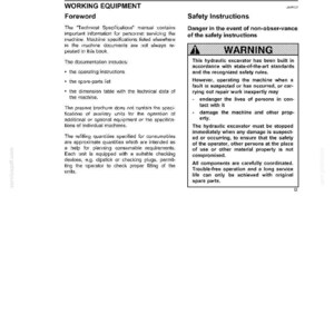 May include: A page from a technical handbook, featuring the title "TECHNICAL HANDBOOK EC 215 WORKING EQUIPMENT." The text includes safety instructions and a warning about hydraulic excavator operation. The page is white with black text.