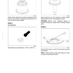 May include: A technical manual page titled 6003-49 showing mechanical assembly steps for a clutch K2. Diagrams illustrate a gear assembly, a bearing being heated, and a piston with O-rings. Text includes instructions for testing clutch operation, mounting bearings, and checking drain valve function.
