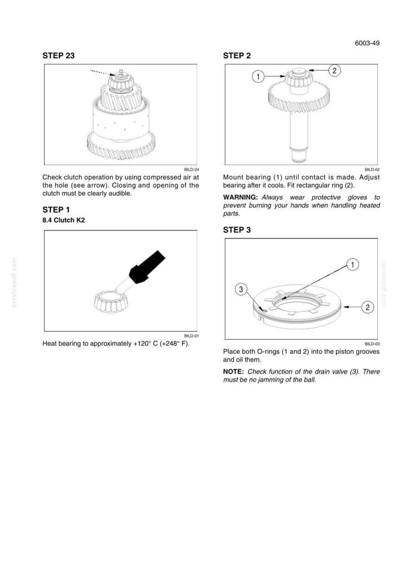 May include: A technical manual page titled 6003-49 showing mechanical assembly steps for a clutch K2. Diagrams illustrate a gear assembly, a bearing being heated, and a piston with O-rings. Text includes instructions for testing clutch operation, mounting bearings, and checking drain valve function.